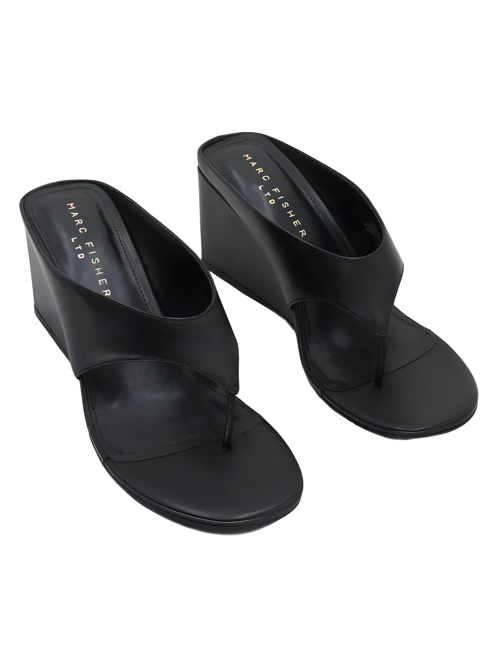 Marc Fisher LTD Mludena Black Leather Thong 3" Wedge Sandals Size 8.5M